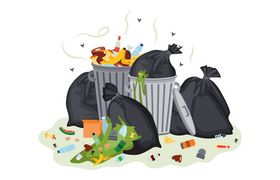 Garbage bags and waste cans stinking flat cartoon vector illustration isolated.