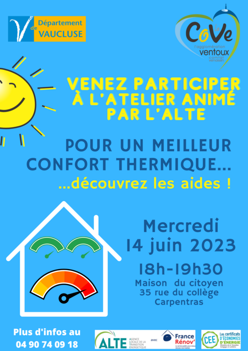 Atelier confort thermique et aides à la rénovation énergétique le 14 juin 2023 à Carpentras